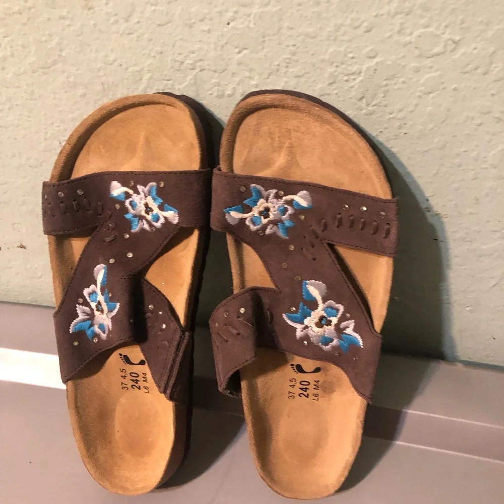 Betula Birkenstock Women's Size 6/37 Zara Sandals Brown Embroidered Floral Boho
